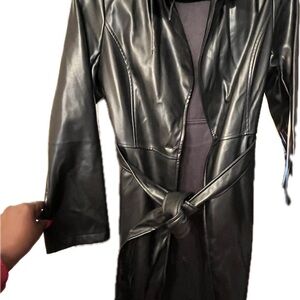 SHEIN Black Faux Leather Belted trench coat